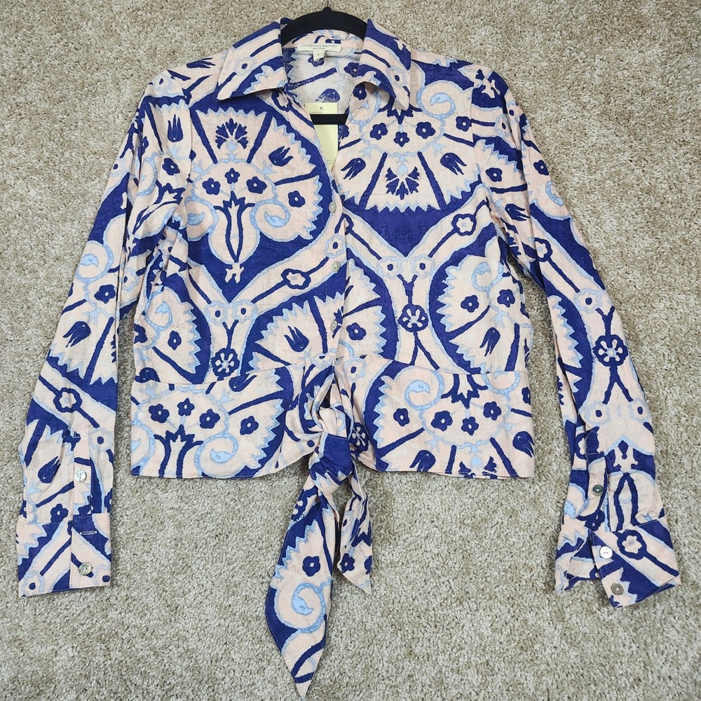 Christian‎ Siriano Shirt Tie Front Blue Paisley Linen Blend Boho S - Picture 2 of 10